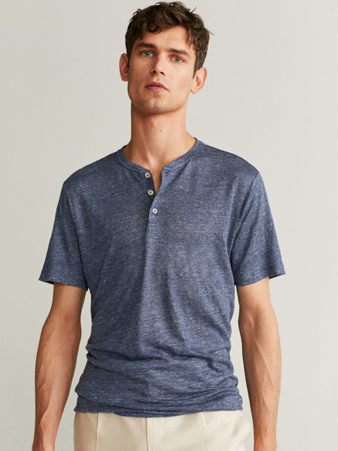 

MANGO MAN Blue Sustainable Solid Henley Neck T-shirt, Navy blue