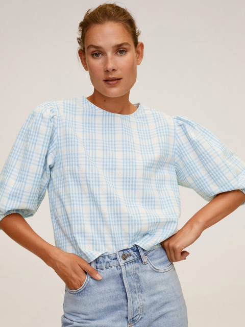 

MANGO Women Blue & White Checked Crop Pure Cotton Top