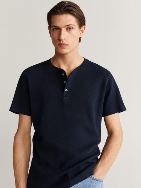 

MANGO MAN Navy Blue Organic Cotton Self Design Henley Neck T-shirt