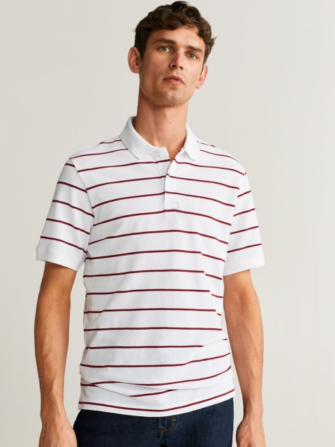 

MANGO MAN White & Maroon Striped Polo Collar T-shirt