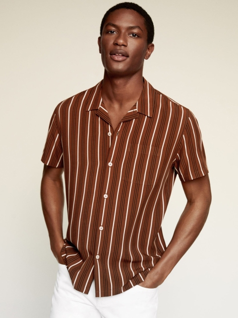 

MANGO MAN Brown & White Striped Casual Shirt