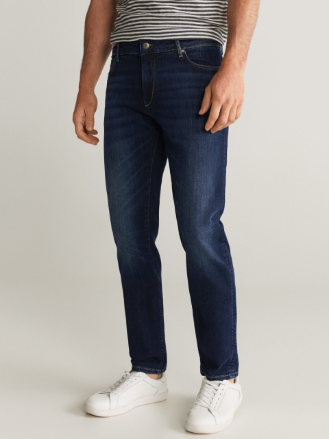 

MANGO MAN Navy Blue Slim Fit Mid-Rise Clean Look Stretchable Jeans