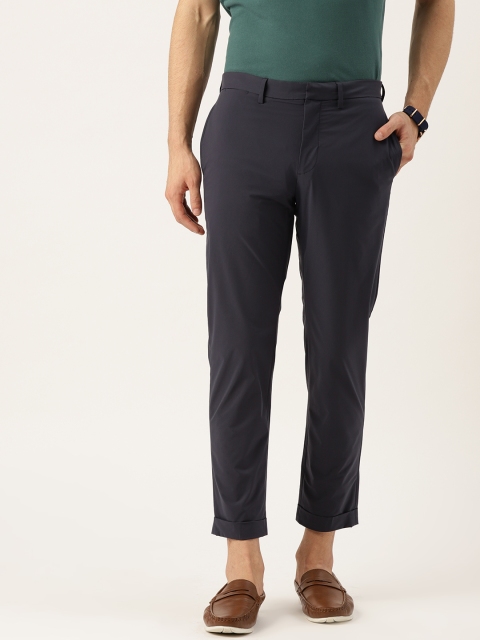 

MANGO MAN Navy Blue Regular Fit Solid Crease Resistant Cropped Trousers