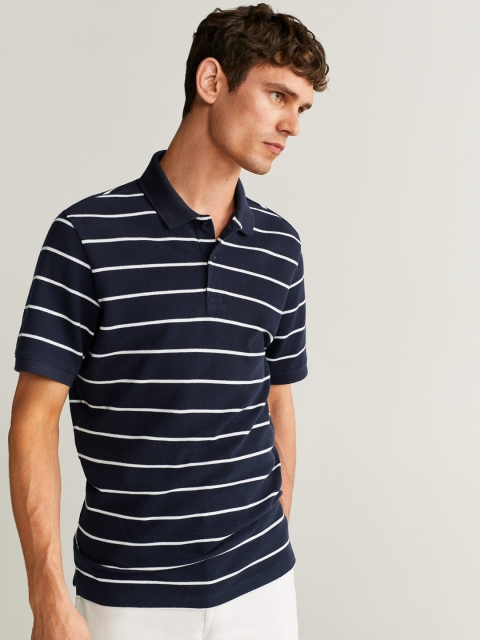 

MANGO MAN Navy Blue & White Slim Fit Striped Polo Collar T-shirt