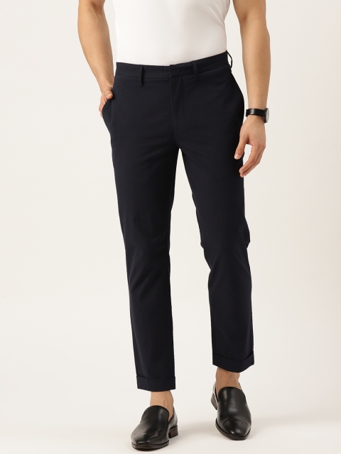 

MANGO MAN Navy Blue Regular Fit Self-Design Crease Resistant Cropped Trousers