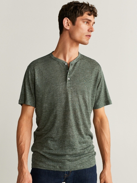 

MANGO MAN Olive Green Sustainable Solid Henley Neck T-shirt