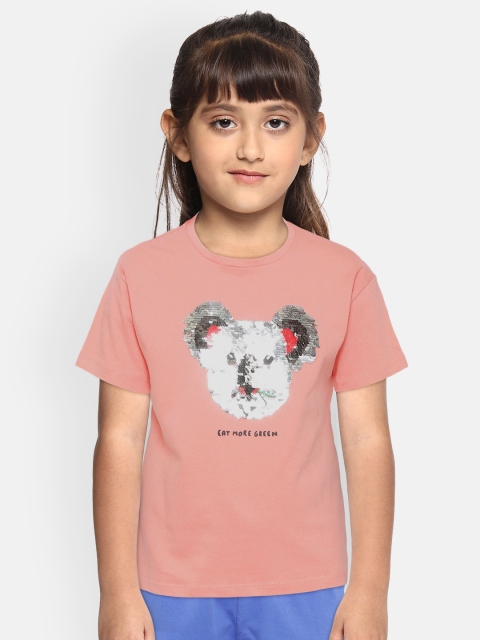 

Mango Kids Girls Coral Pink Bear Flip Sequinned Round Neck Sustainable T-shirt