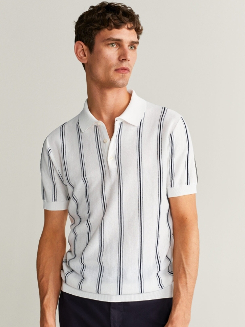 

MANGO MAN White & Black Striped Polo Collar T-shirt
