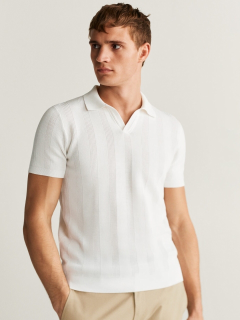 

MANGO MAN White Self-Striped Polo Collar T-shirt