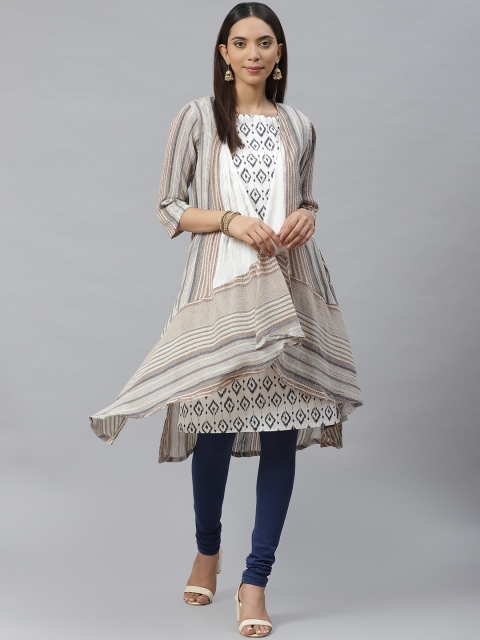 

Biba Women Off-White & Beige Striped A-Line Layered Kurta