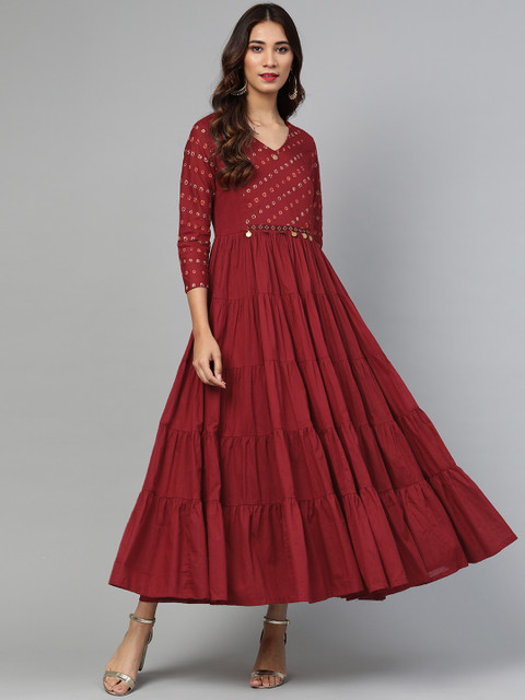 

Biba Women Maroon Solid Tiered Maxi A-Line Dress With Printed Detail