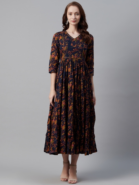 

Biba Women Navy Blue & Mustard Yellow Floral Printed Tiered Maxi Dress