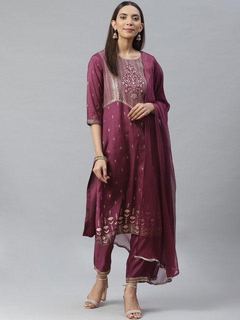 

Biba Women Purple & Golden Ethnic Motifs Print Kurta with Solid Trousers & Dupatta