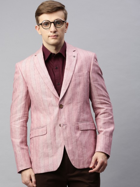 

Louis Philippe Men Pink Regular Fit Striped Single-Breasted Linen Blazer