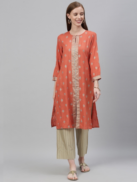 

Global Desi Women Rust Orange & Golden Foil Printed Straight Kurta
