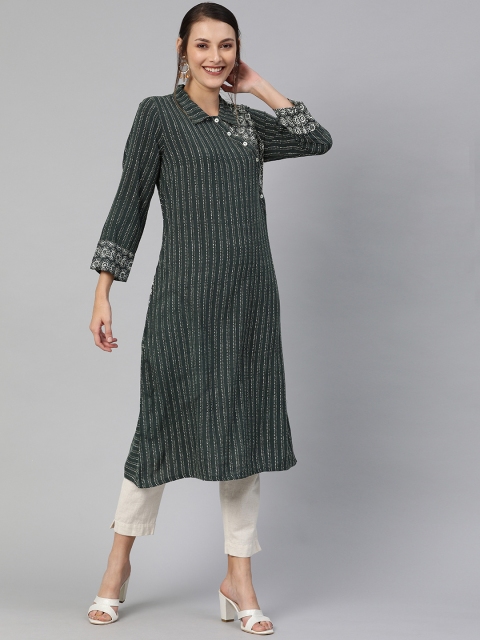 

Global Desi Women Charcoal Grey & White Striped A-Line Kurta