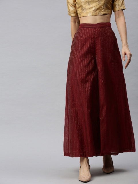 

Global Desi Women Maroon & Gold-Toned Striped Wide Leg Palazzos