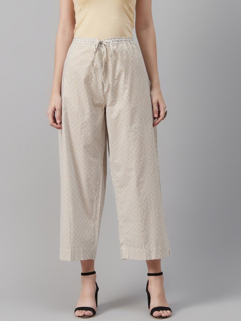 

Biba Women Off-White & Golden Printed Cropped Straight Palazzos