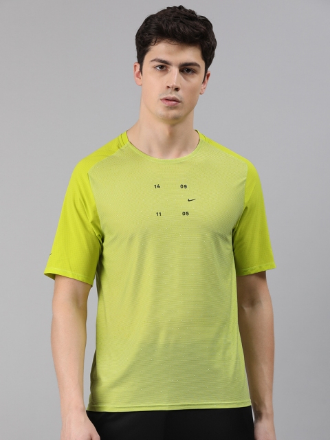 

Nike Men Green Striped Dri Fit NK TCH PCK TOP HYBRID Round Neck T-shirt