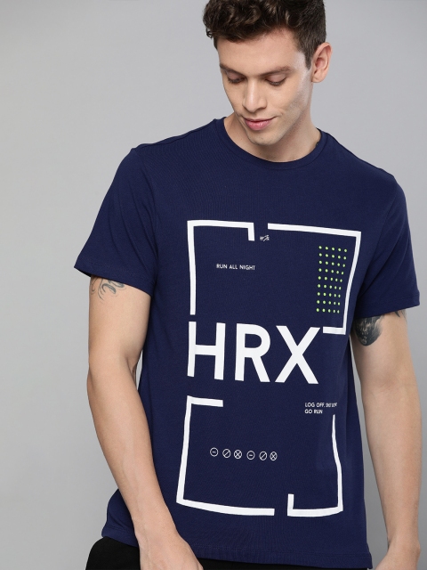 

HRX by Hrithik Roshan Men Medieval Blue Printed Bio-Wash Antimicrobial Lifestyle Pure Cotton T-shirt, Navy blue