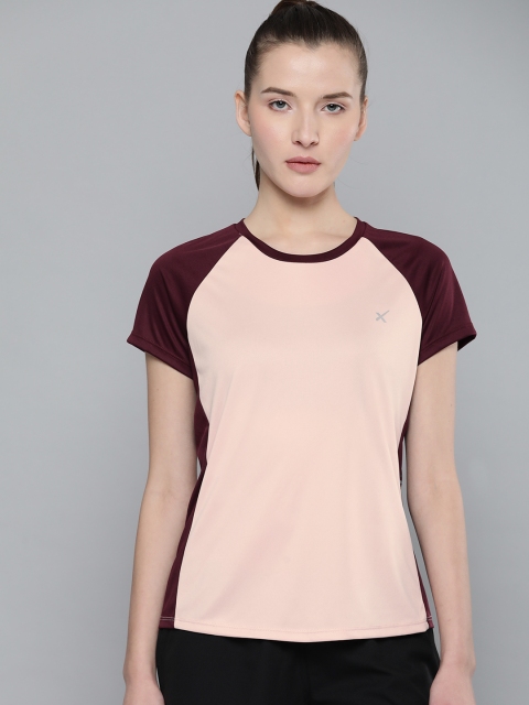 

HRX by Hrithik Roshan Peach-Coloured & Burgundy Colourblocked Rapid-Dry Running T-shirt