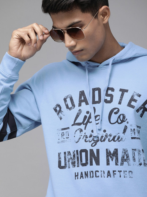 

Roadster Men Blue Printed Hooded Sweatshirt