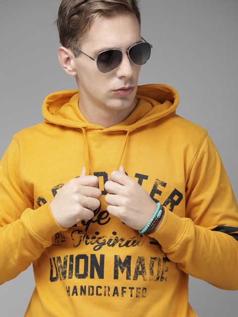 

Roadster Men Mustard Yellow Printed Hooded Sweatshirt
