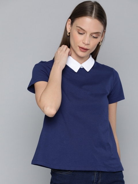 

Chemistry Women's Navy Blue Solid Shirt Collar Pure Cotton Top