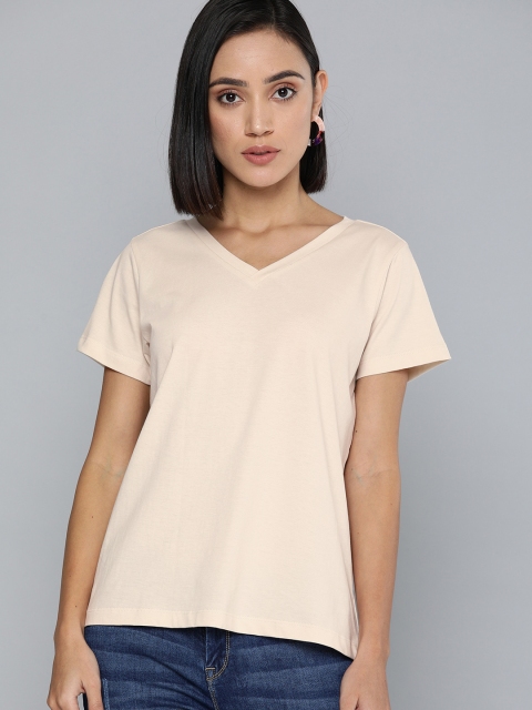 

Chemistry Women Cream-Coloured Solid Pure Cotton V-Neck T-shirt