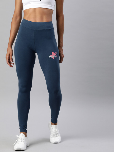 

Puma Women Blue Slant Graphic Solid Tights