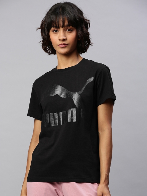 

Puma Women Black Classics Logo Printed Round Neck Pure Cotton T-shirt