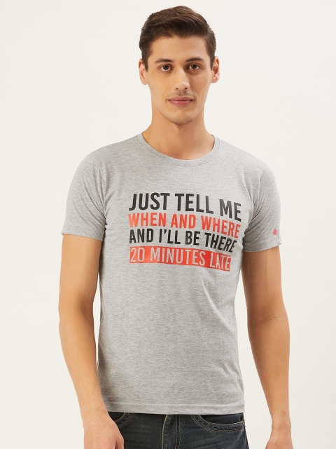 

PRINTOCTOPUS Men Grey Melange & Black Printed Round Neck T-shirt