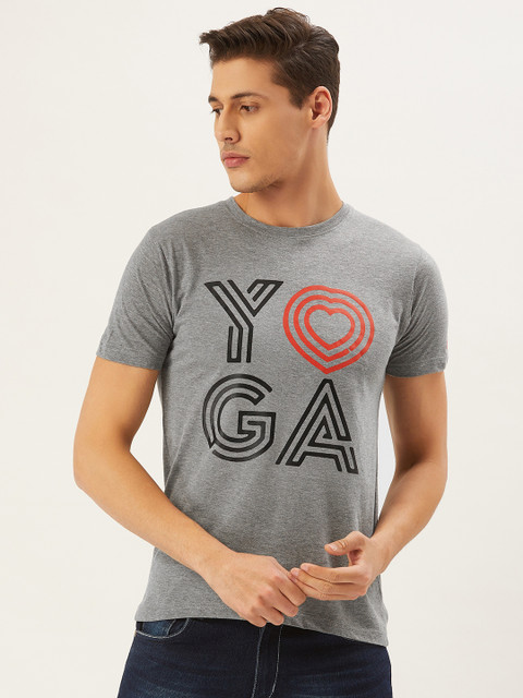 

PRINTOCTOPUS Men Grey Melange Printed Round Neck T-shirt