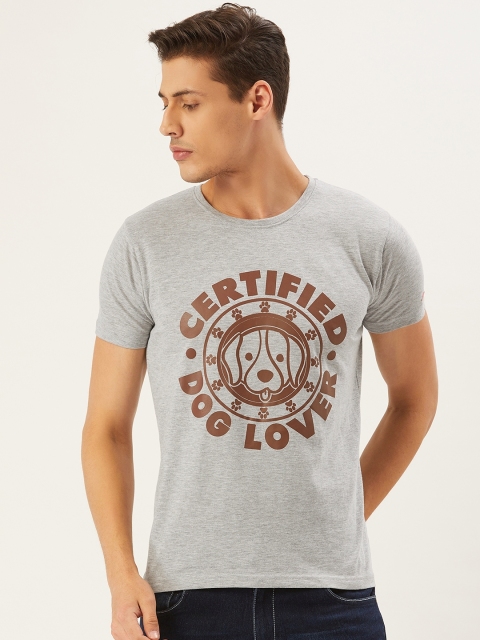 

PRINTOCTOPUS Men Grey Melange & Brown Printed Round Neck T-shirt