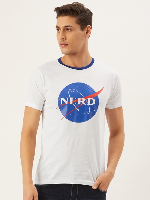 

PRINTOCTOPUS Men White & Blue Printed Round Neck T-shirt