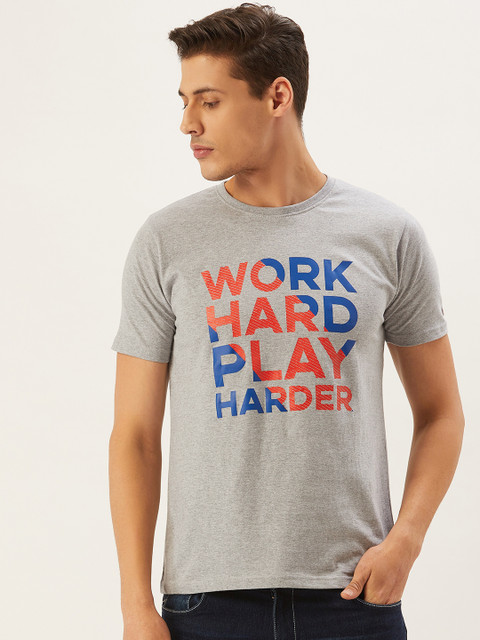 

PRINTOCTOPUS Men Grey Melange & Red Printed Round Neck T-shirt