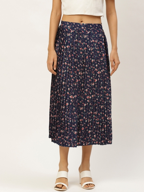 

WISSTLER Women Navy Blue & Pink Floral Print Accordion Pleated A-Line Skirt