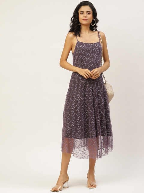 

WISSTLER Women Purple Floral Embroidered A-Line Net Dress