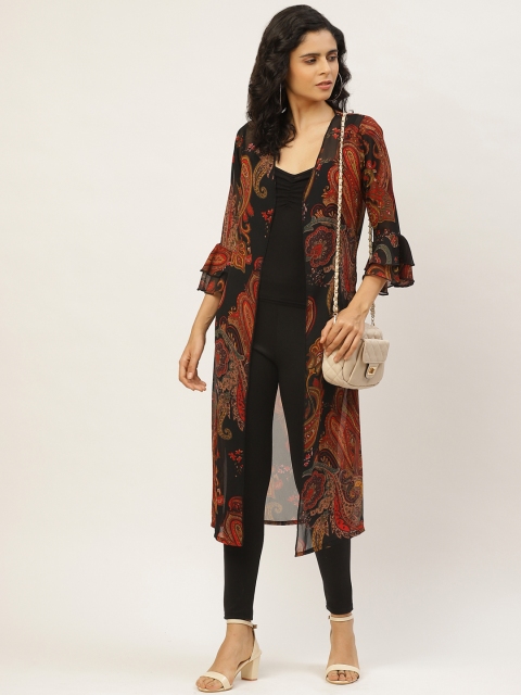 

WISSTLER Women Black & Red Paisley Print Sheer Open Front Longline Shrug
