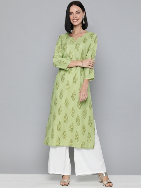 

HERE&NOW Women Olive Green Ethnic Printed Straight Kurta