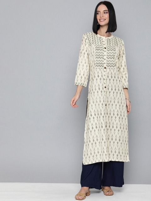 

HERE&NOW Women Cream-Coloured & Olive Green Printed A-Line Kurta