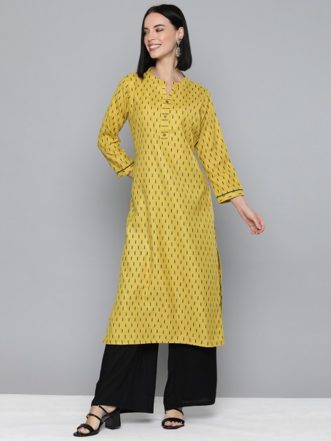 

HERE&NOW Women Mustard Yellow & Black Ethnic Printed Straight Kurta