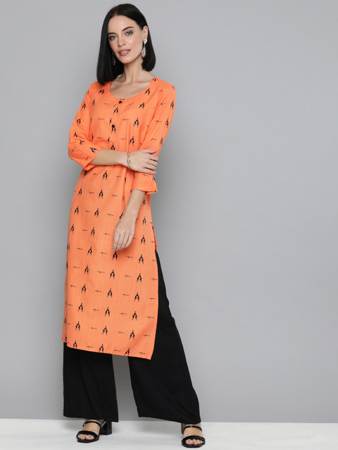 

HERE&NOW Women Orange & Black Abstract Printed Straight Kurta