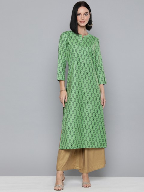 

HERE&NOW Women Green & Black Ethnic Printed Straight Kurta