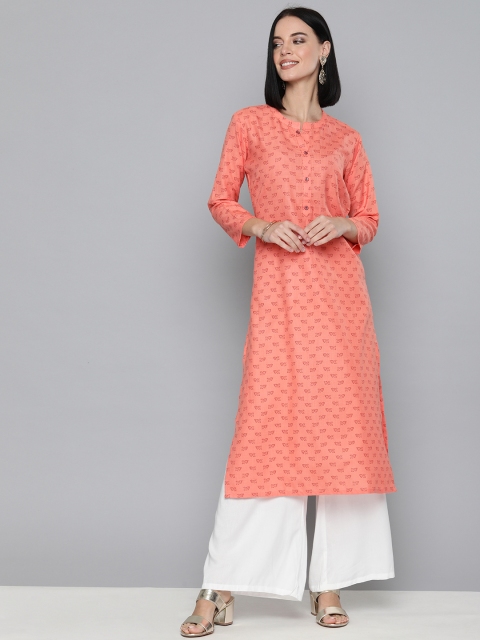 

HERE&NOW Women Coral Pink Ethnic Printed Straight Kurta
