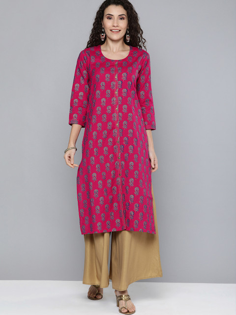 

HERE&NOW Women Magenta Pink & Navy Blue Printed Straight Kurta