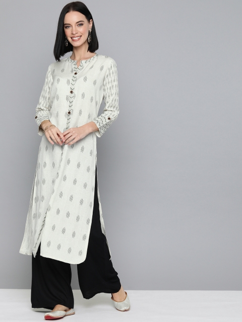 

HERE&NOW Women White & Black Ethnic Printed Straight Kurta