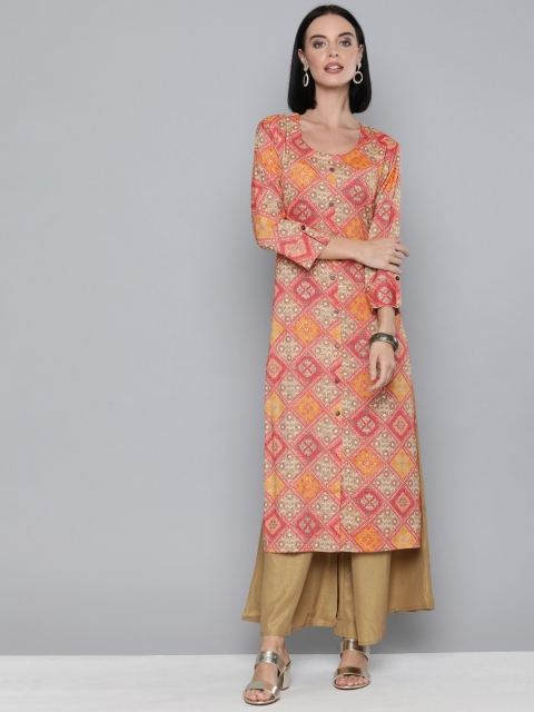 

HERE&NOW Women Pink & Beige Printed Straight Kurta