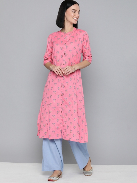 

HERE&NOW Women Peach-Coloured & Grey Printed A-Line Kurta
