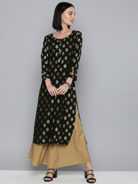 

HERE&NOW Women Black & Gold-Toned Printed Straight Kurta